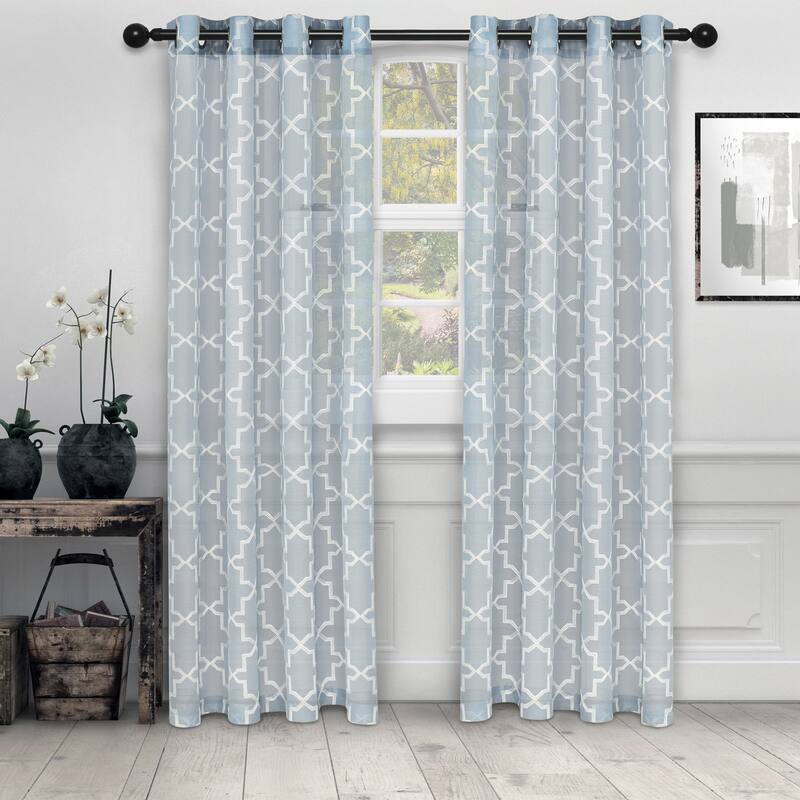 Superior Decorative Quatrefoil Embroidered Sheer Curtain Set with 2 Panels - 52" x 108" - Light Blue