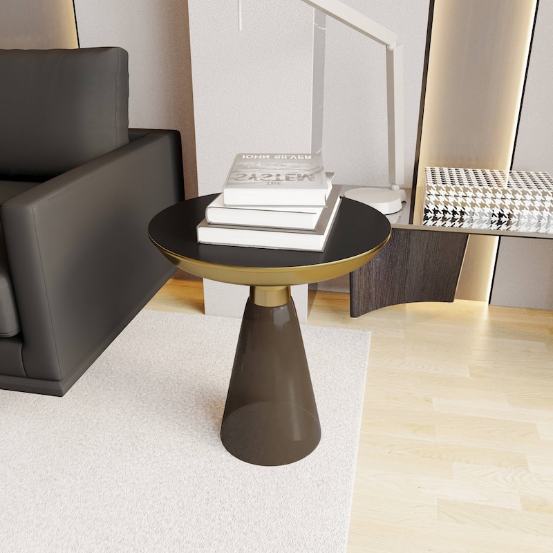 19-Inch Side Table Round Glass Tabletop End Table with Gold Iron Rim and Glass Base