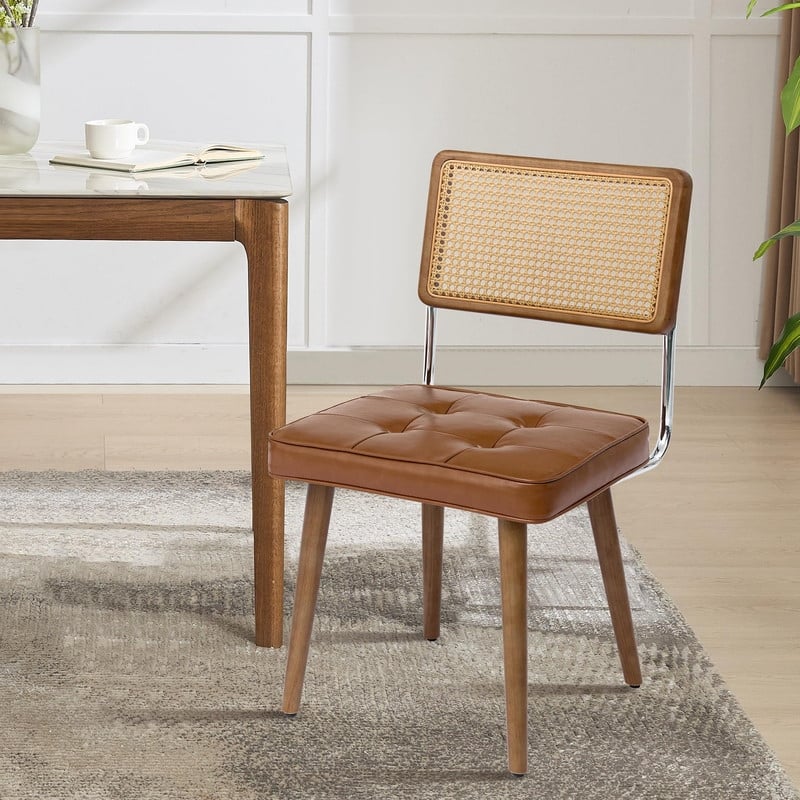 Mid-Century Modern Upholstered Dining Chair with Checkered Hollow Rattan Backrest and Padded Cushion