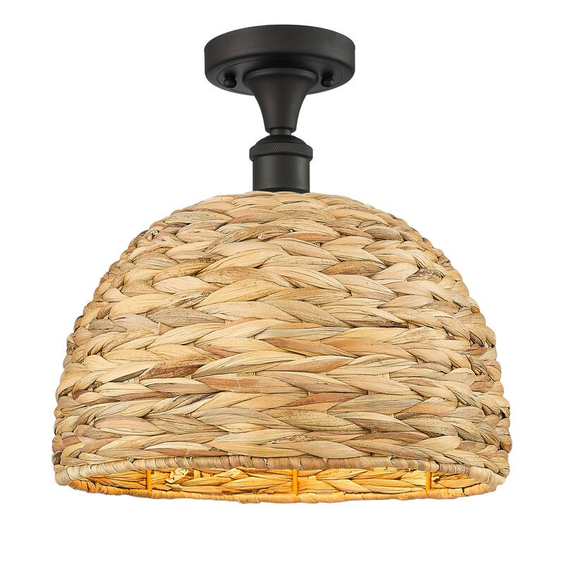 Innovations Lighting Woven Rattan - 1 Light 12" Semi-Flush Mount - Oiled Brass/Natural Rattan