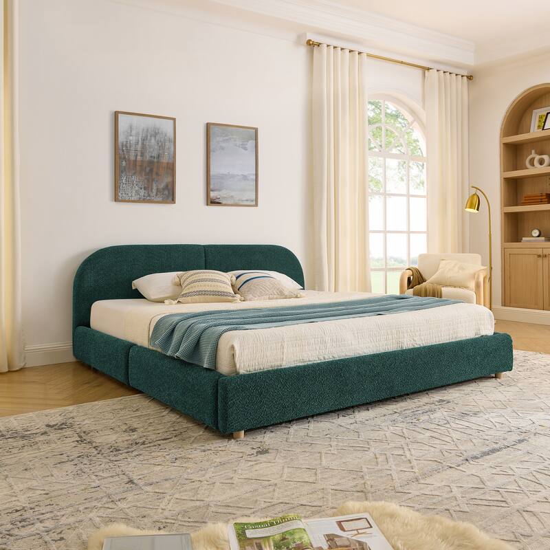 King Size Upholstered Bed Frame Modern Minimalist Style - Circle Yarn Fabric, Tall Curved Headboard