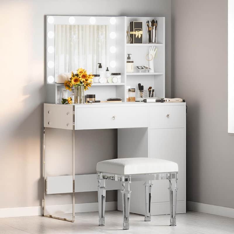 Modern Vanity Table with Hollywood Mirror, 3-Mode LED Lights, Glass Legs, 2 Drawers and USB Charging Station - White