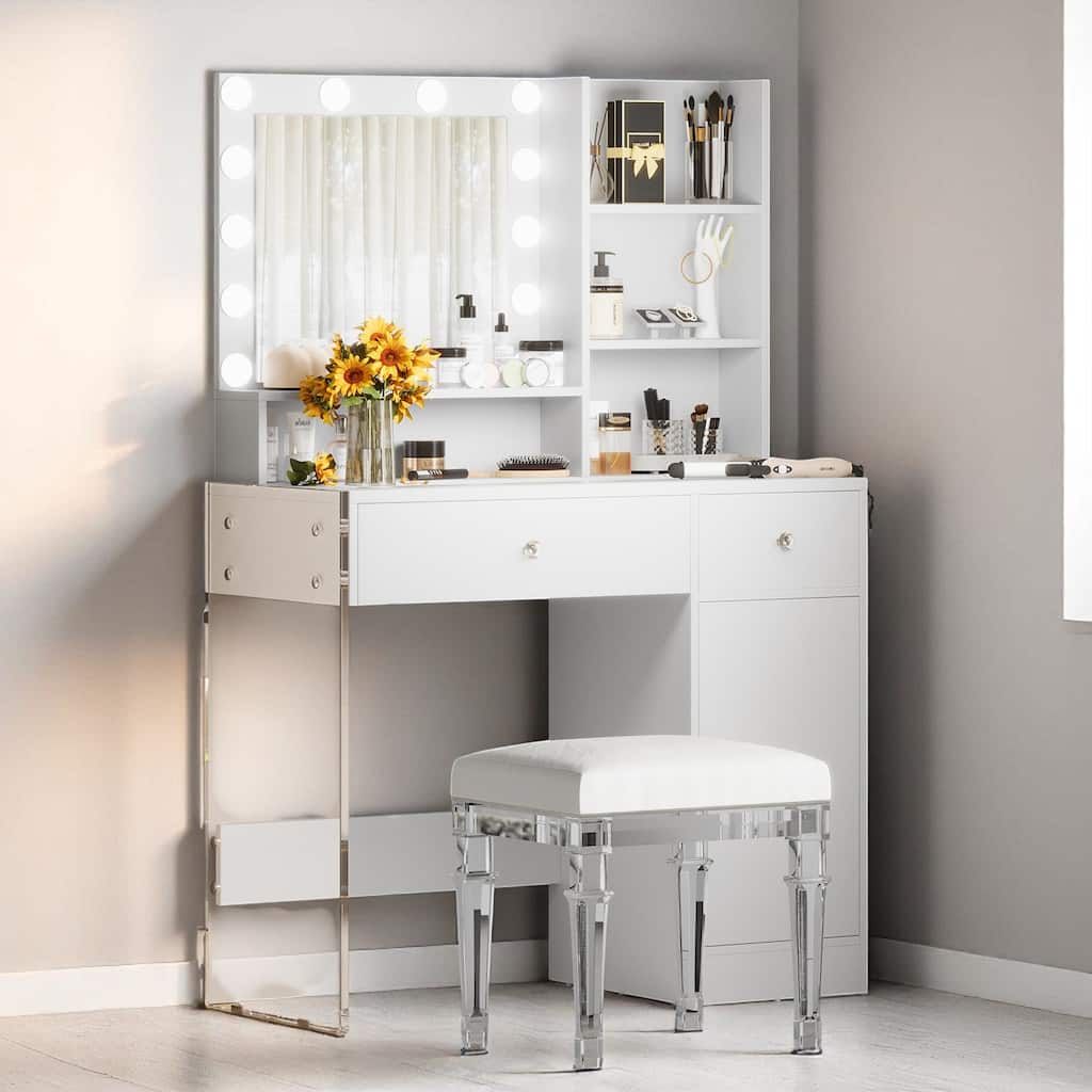 Modern Vanity Table with Hollywood Mirror, 3-Mode LED Lights, Glass Legs, 2 Drawers and USB Charging Station