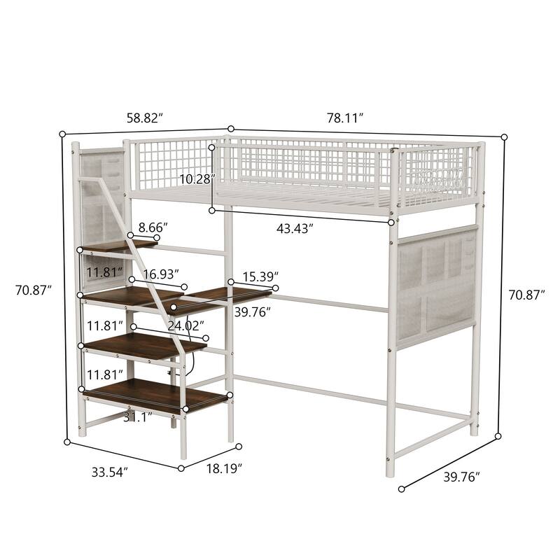 70'' Twin Metal Loft Bed with Built-in LED Lights and Charging Station