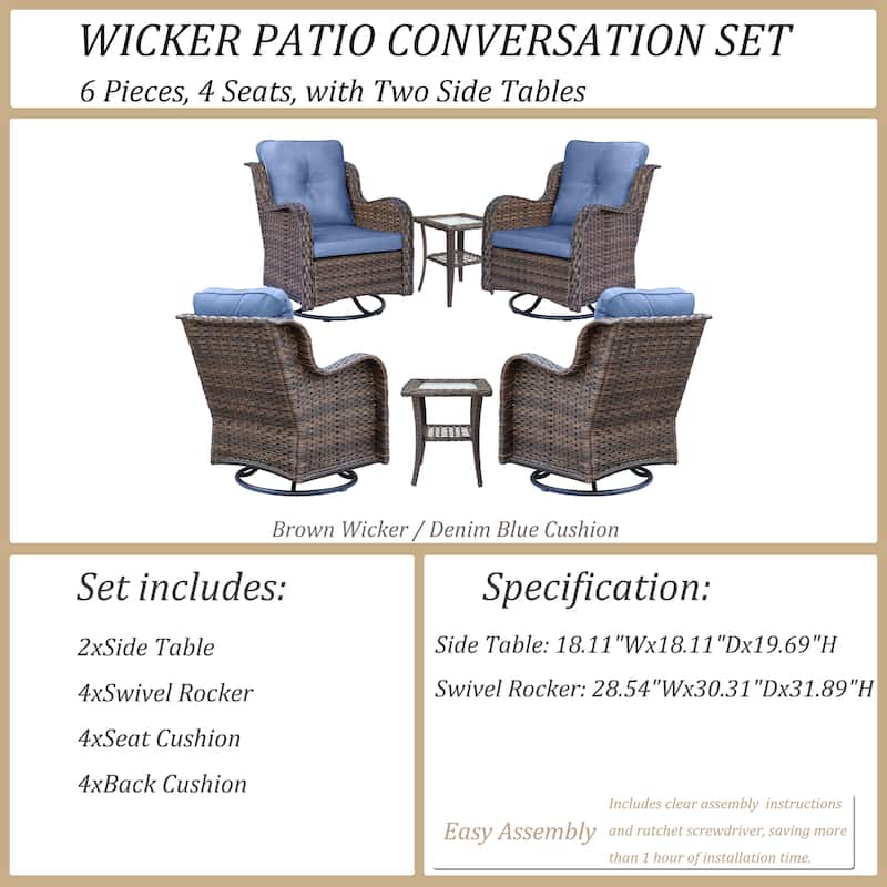 6 Piece Outdoor High Back Wicker Patio Conversation Swivel Chairs Sets