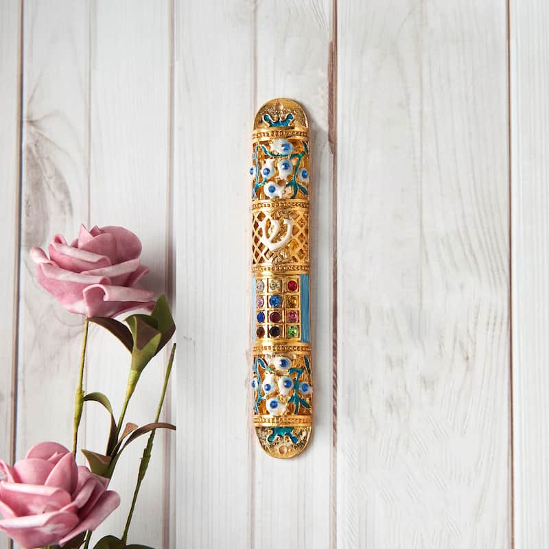Matashi Hand Painted 6" Enamel Mezuzah Embellished with Multi Colored Crystals with Gold Accents and High Quality Crystals