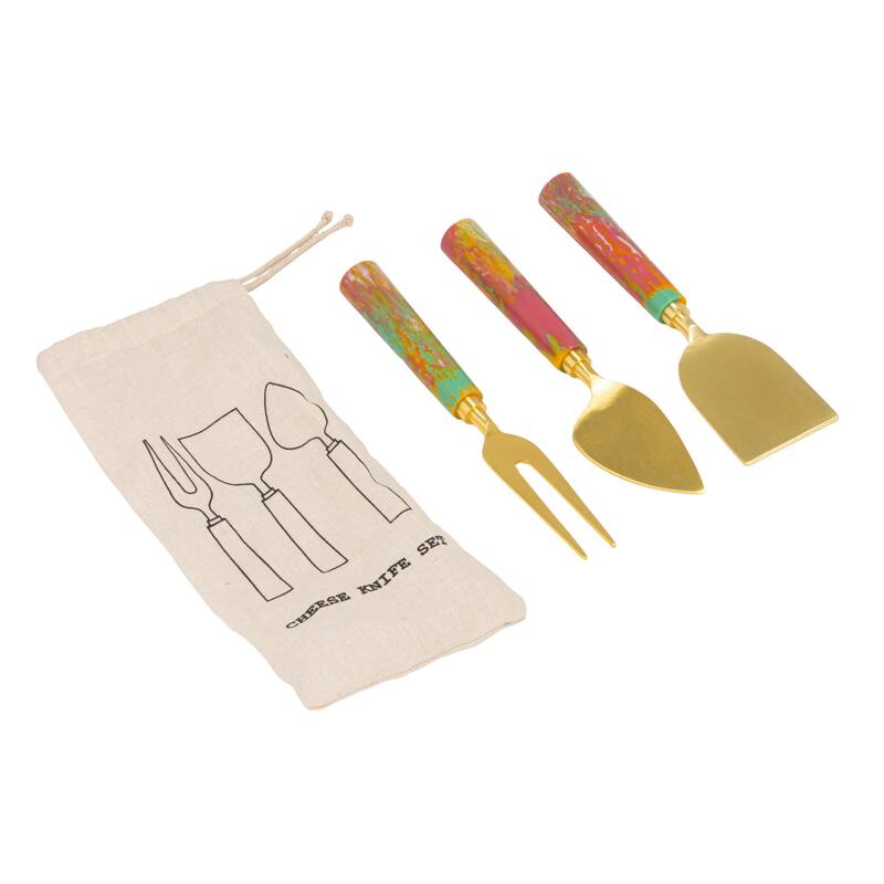 3-Piece Stainless Steel Cheese Knife Set with Marbled Resin Handles - 7.0"L x 2.0"W x 0.75"H