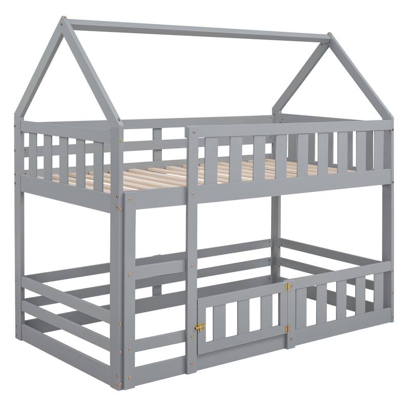 Twin Pine House Bunk Bed with Fence, Guardrail, and Door