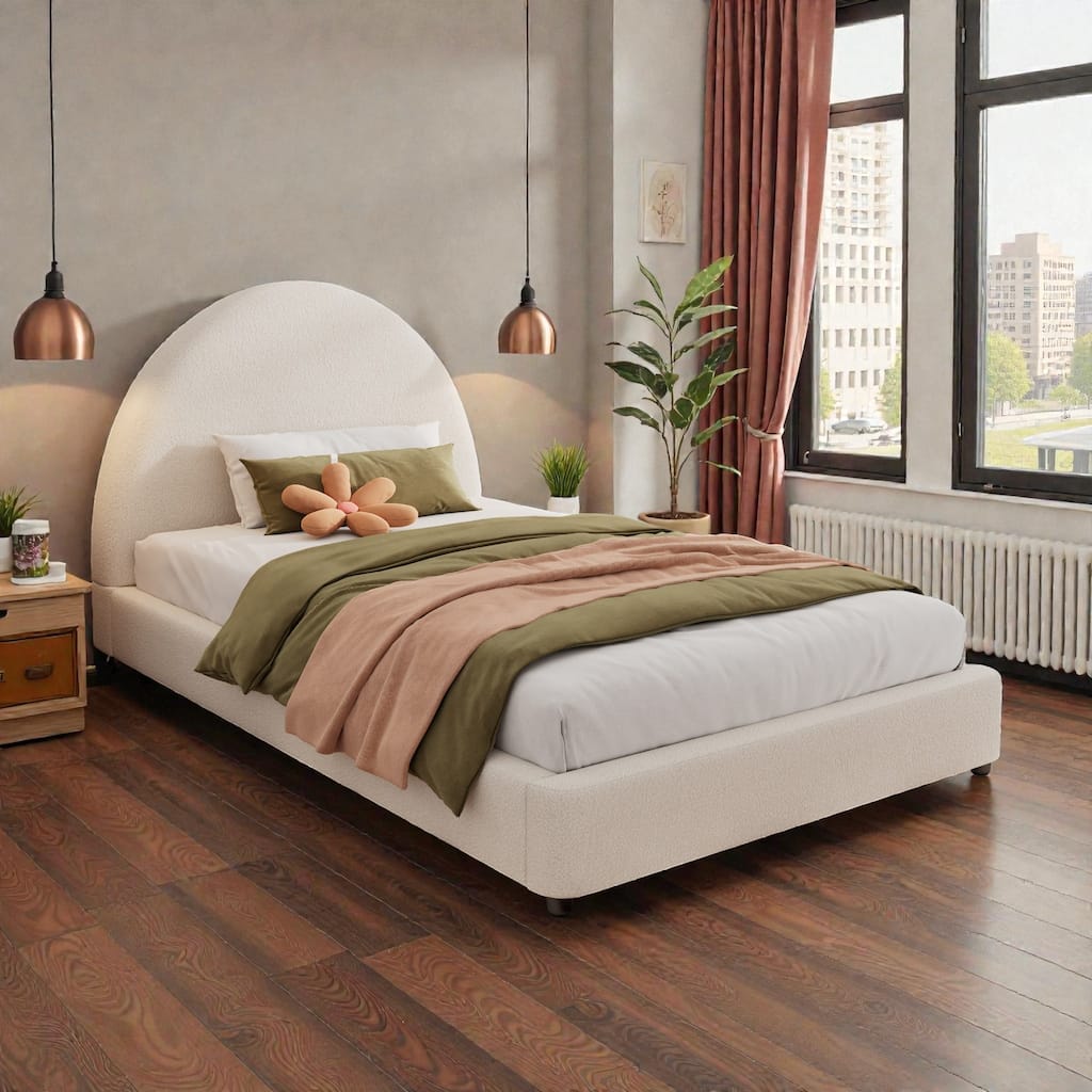 Twin/Queen/King Boucle Upholstered Bed Frame with Curved Half-Round Headboard, Platform Design, No Box Spring Needed