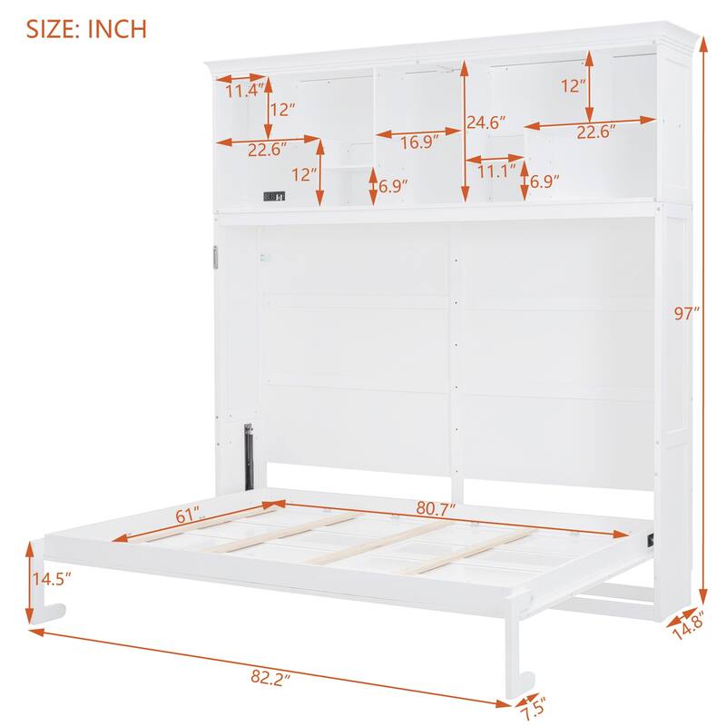 Queen Size Murphy Wall Bed with Storage Shelves and USB Ports, Foldable Cabinet Design