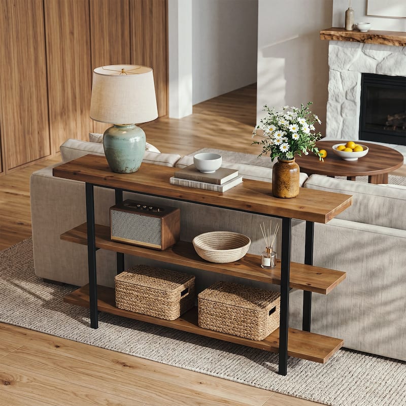 63" Solid Wood Console Table with 3-Tier Storage Shelves, Industrial Sofa Table