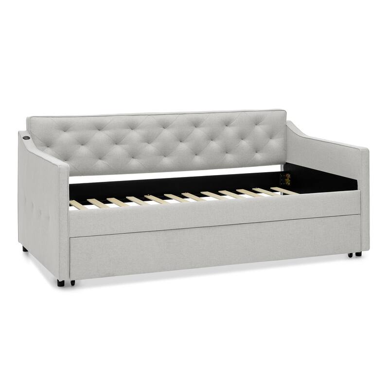 Twin Upholstered Daybed with Pop-Up Trundle & USB Charging Ports