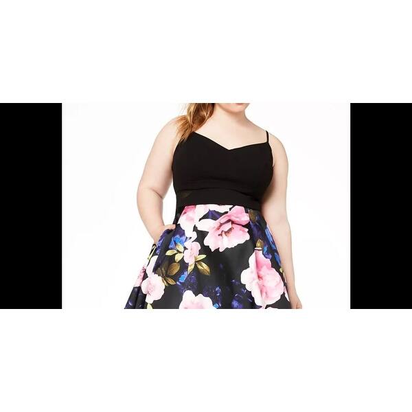 B Darlin Women's Black Floral Spaghetti Strap V Neck Short Fit + Flare  Party Dress Black Size 22W - Bed Bath & Beyond - 40577901