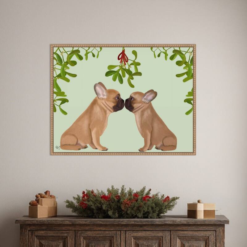 French Bulldogs and Mistletoe by Fab Funky (30 x 23 in.), Framed Canvas Wall Art Print - Sylvie Beaded Rustic Natural