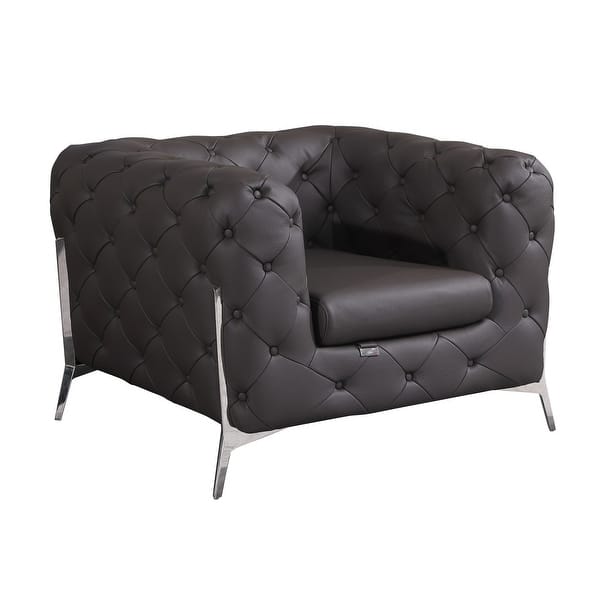 Glam Espresso Brown and Chrome Tufted Leather Armchair 31" x 45" x 38