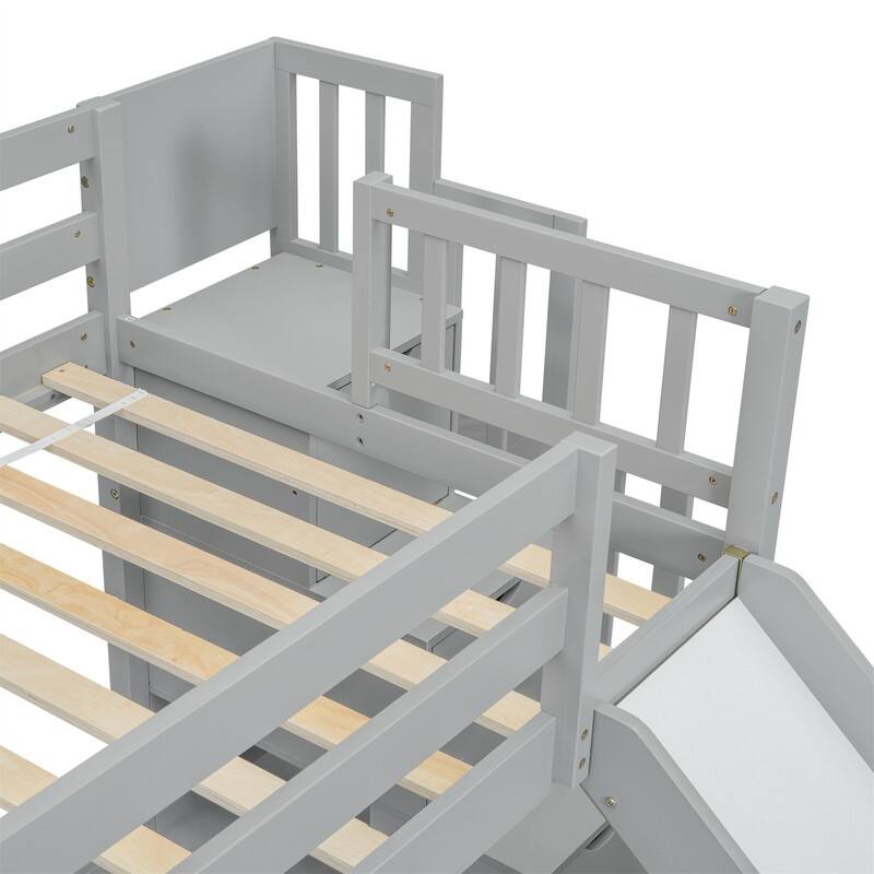 Twin Over Full Multifunctional Kids Bunk Bed Frame with Slide, Wooden Loft Bed with Storage Staircase and Guardrails