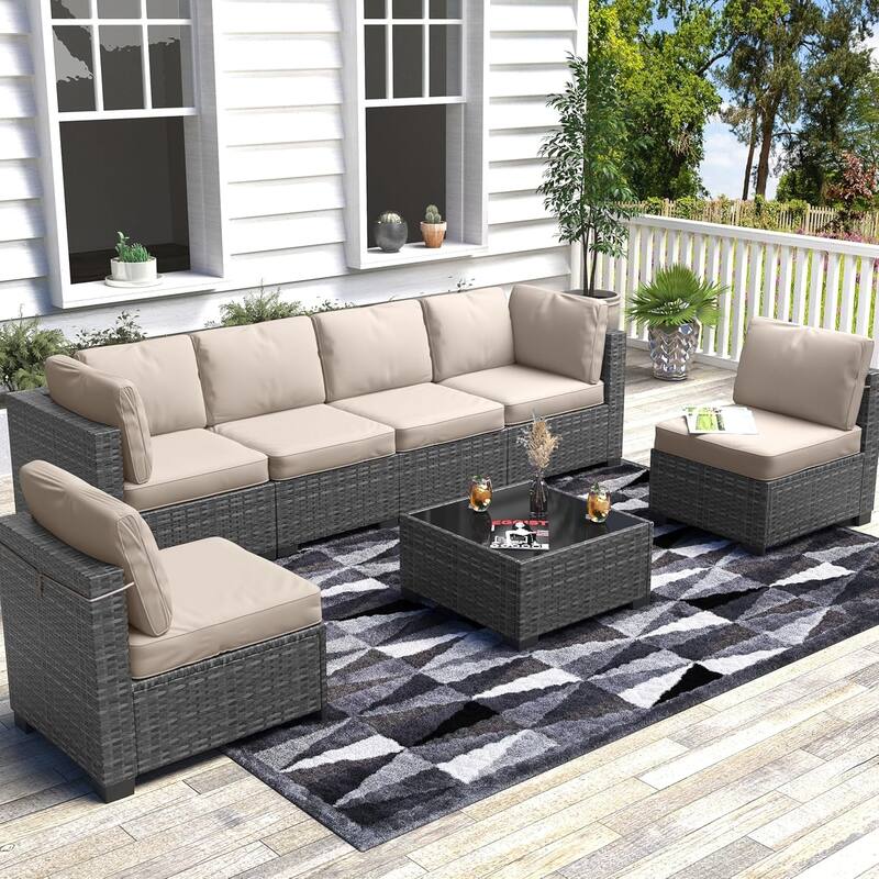 7-Piece Patio Conversation Sofa Set with Cushions and Glass Top Coffee Table - Grey + Beige