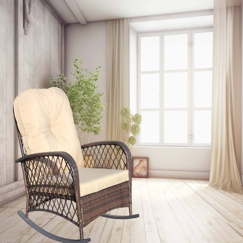 Outdoor Wicker Rocking Chair with Wide Seat, All- Weather Rattan Armchair for Poolside, Garden, Porch, Backyard