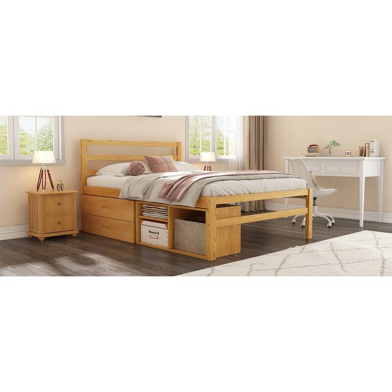 Full Size Wood Platform Bed with Removable Storage Shelves and Built-in Two Storage Drawers