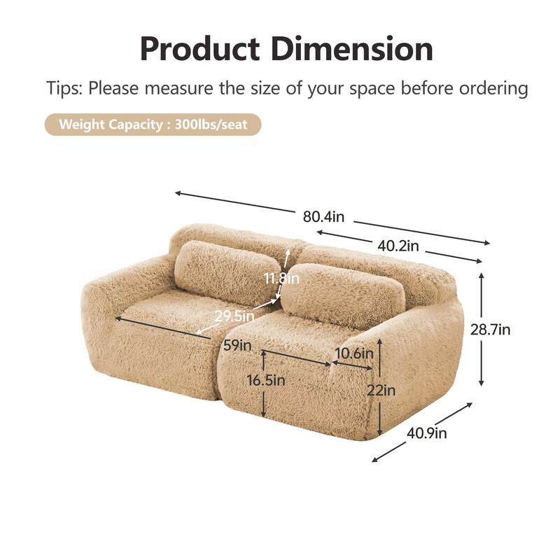 Roomfitters 2-Seater Modular Plush Sectional Sofa, No Assembly High-Density Sponge Couch with Pillows