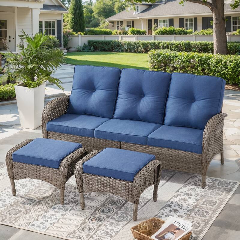 Outdoor Patio 3 Seats Sofa Couch with Ottomans - Grey - Blue