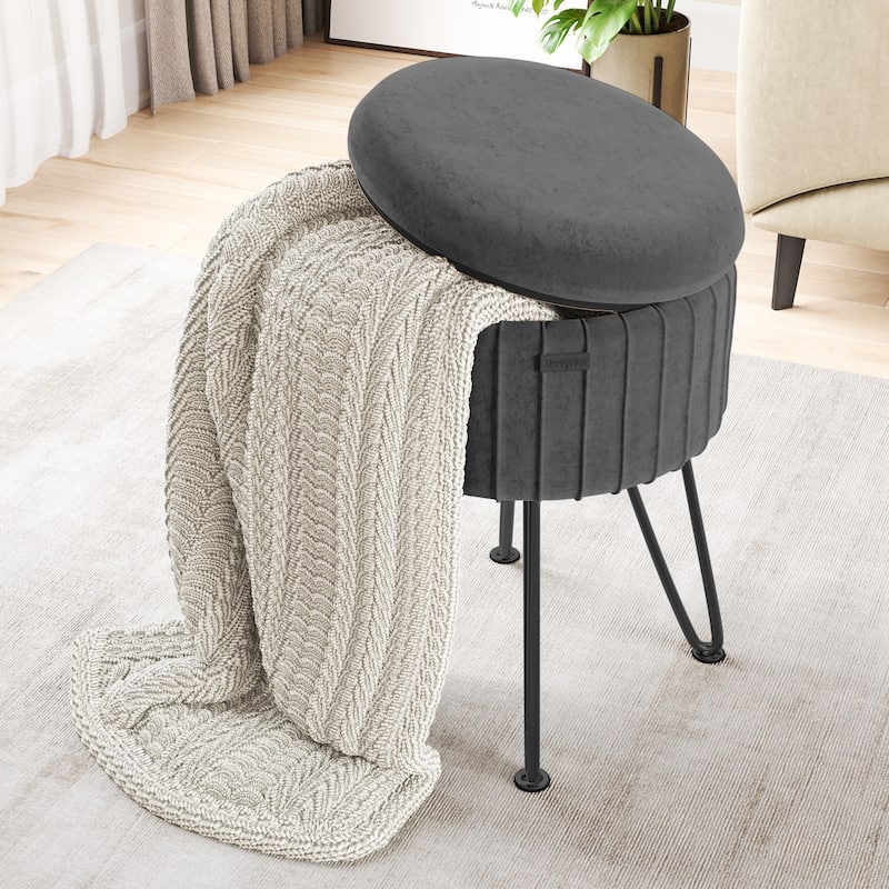 Emperyan Pleated Velvet Storage Ottoman, Modern Ottomans for Living Room and Bedroom