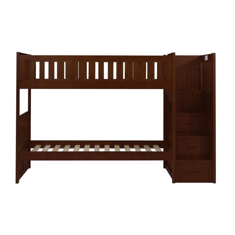 Catherine Twin over Twin Bunk Bed, Storage Step, Solid Wood, Dark Brown