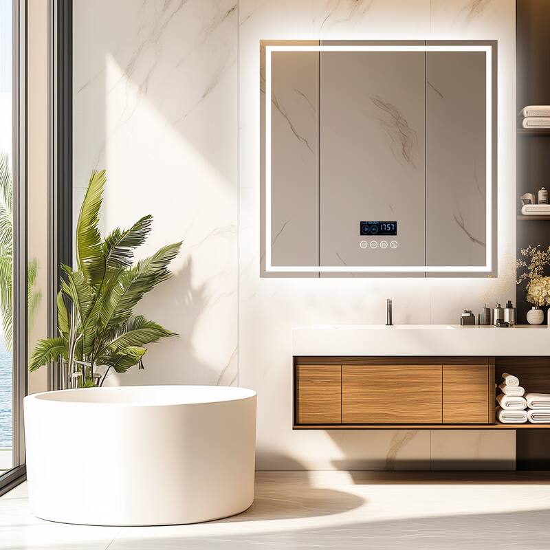 Smart LED Illuminated Fog-free Large Bathroom Mirror with Bluetooth Speakers, Digital Display