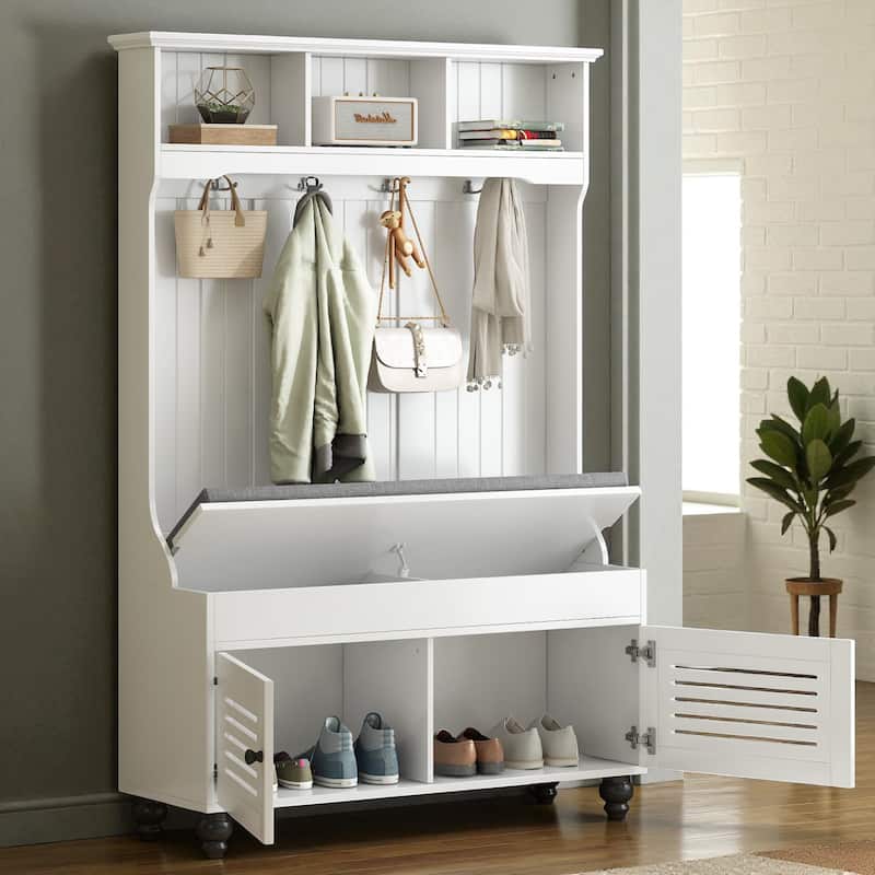 47.2'' Wide 5-in-1 Hall Tree with Bench, Cushion, Shutter Doors & 4 Hooks, Entryway Storage Organizer Cabinet