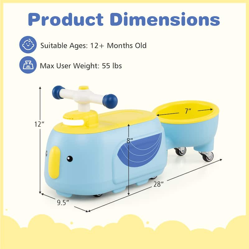Toddler Ride On Car with Trailer 2-in-1 Foot-to-Floor Sliding Toy with Lights and Music - 28" × 9.5" × 12"