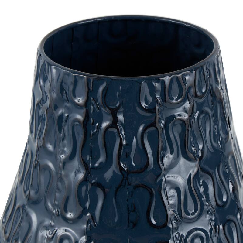 Dark Blue Metal Dimensional Textured Decorative Vase with Wavy Pattern