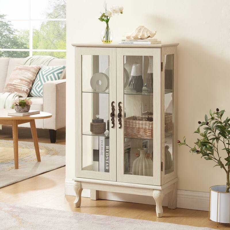 Vintage Lighted Display Cabinet with 2 Tempered Glass Doors and Adjustable Shelves