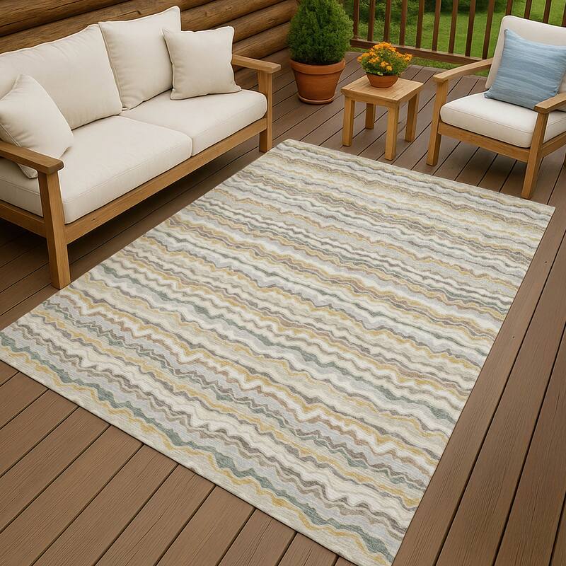 Machine Washable Indoor/ Outdoor Ziggy Stripe Chantille Rug - Ivory - 10' x 14'