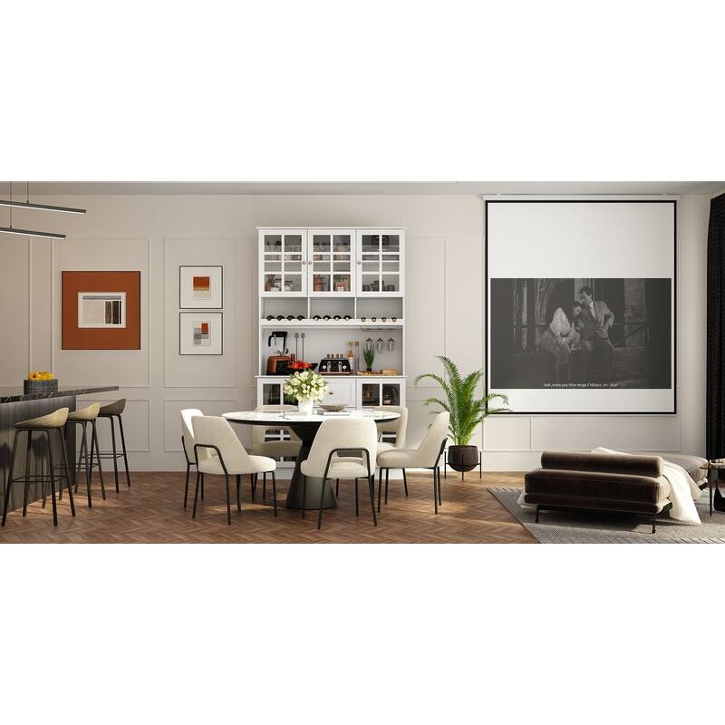 78.9''Pantry Buffet White Buffet with Wine Glass Rack Drawer and Hutch