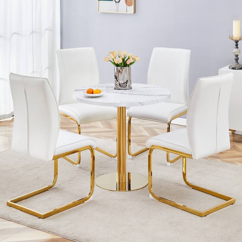 Roomfitters 5pcs Round White Marble Dining Table Set with High Resilience PU Dining Chairs