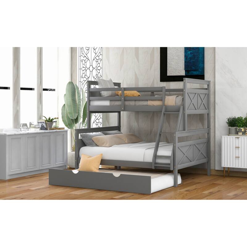 Twin over Full Bunk Bed with Ladder, Twin Size Trundle, Safety Guardrail with Headboard & Footboard