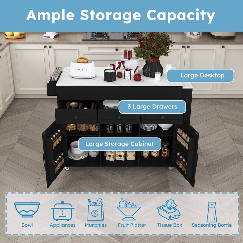 Rossetta 74.8" Removable Extendable Kitchen Cart with Mobile Universal Wheels and Power Outlet