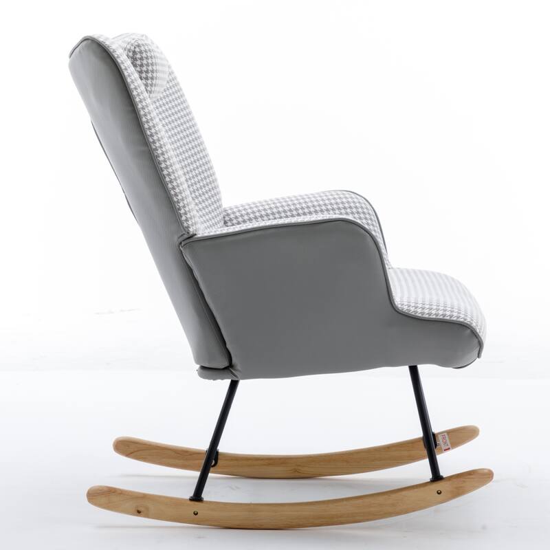 Soft Houndstooth Fabric Leather Fabric Rocking Chair, Glider Rocker with Safe Wood Base for Living Room(light grey)