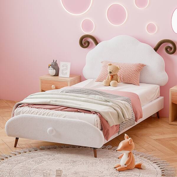 slide 2 of 53, Twin Size Upholstered Platform Bed Animal Theme Design Bed Frame with Sheep-Shaped Headboard and Footboard, No Box Spring Needed White - Twin
