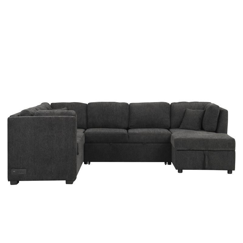 108.6" U-shaped Sectional Sofa Pull out Sofa Bed with Two USB Ports, Two Power Sockets, Three Back Pillows and a Storage Chaise