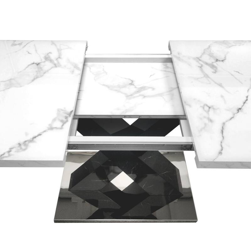 Modern Square Dining Table, Stretchable, with X-Shape Table Leg with Metal Base