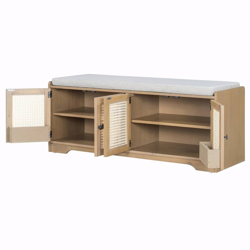 Rustic Storage Bench with Removable Cushion, Woven Rattan Doors & Adjustable Shelves