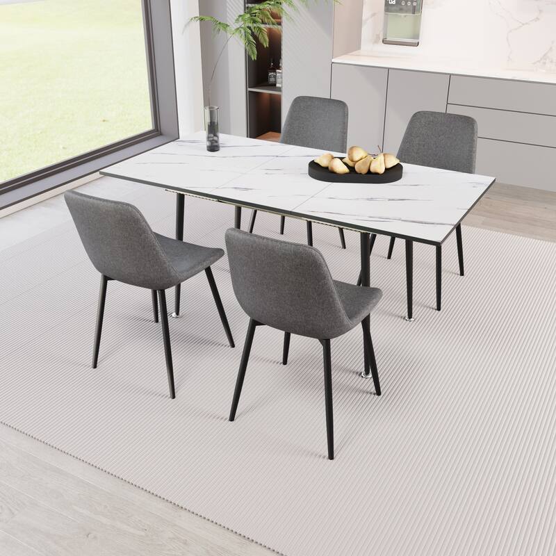 Scalable modern dining table and chair set, for 2-6 people, 4-piece set, medieval dining table set, metal base and linen chair