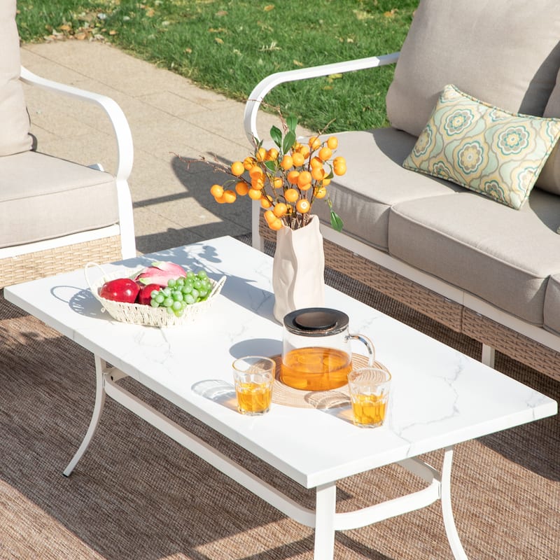 MAISON ARTS 5-Seat Patio Furniture Set, 2 x Cushioned Metal Chair, 1 x 3-Seat Sofa with Marbling Coffee Table