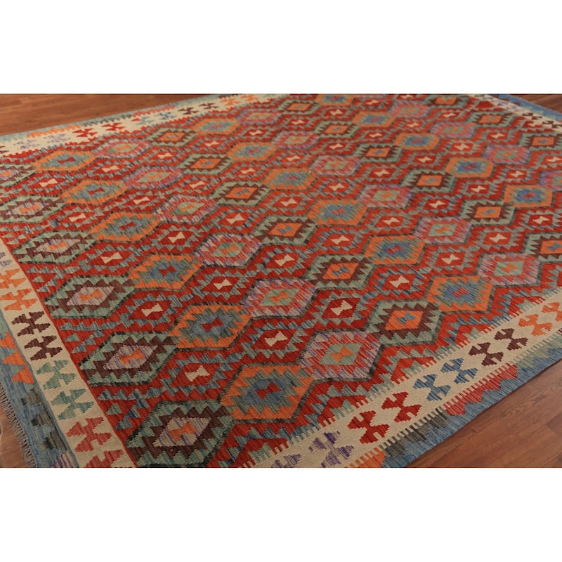 All-Over Orange Kilim Oriental Area Rug Hand-Woven Wool Carpet - 9'5"x 11'2"