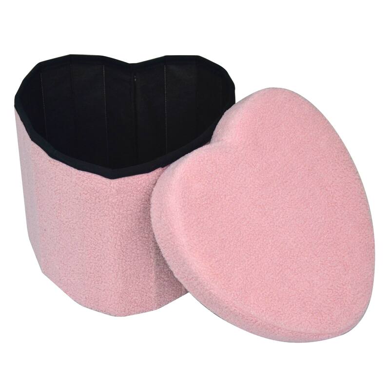 Pink Heart Shap Upholstered Teddy Storage Ottoman Seat for Kids Room