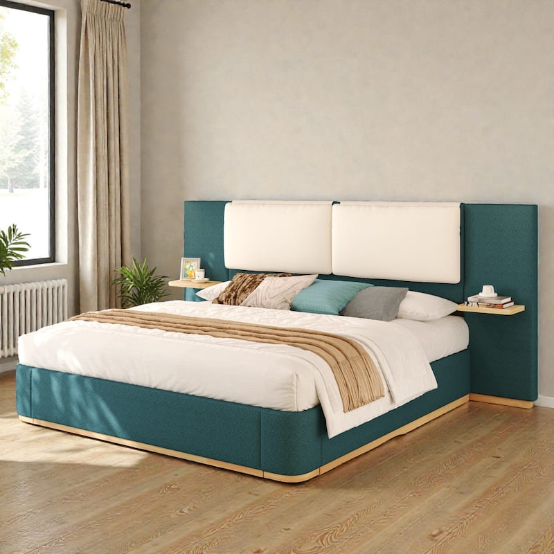 Upholstered Platform Bed Frame with Side Storage Panels, Soft Rounded Corners, Cushioned Headboard & No Box Spring Needed