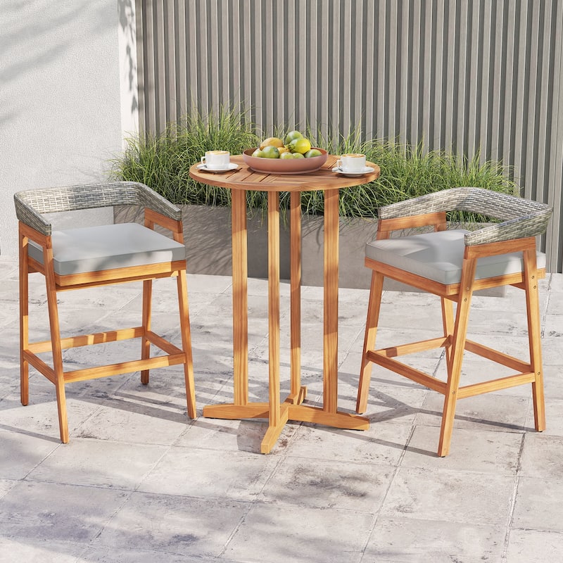 Set of 2 Acacia Wood Outdoor Bar Stools with Cushions and Wicker Back - 22" x 21" x 35"