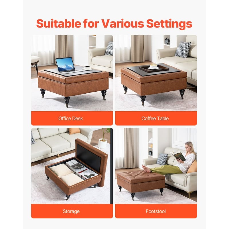 Leather Square Storage Ottoman with Wheels and Wooden Frame – Tufted Coffee Table Bench