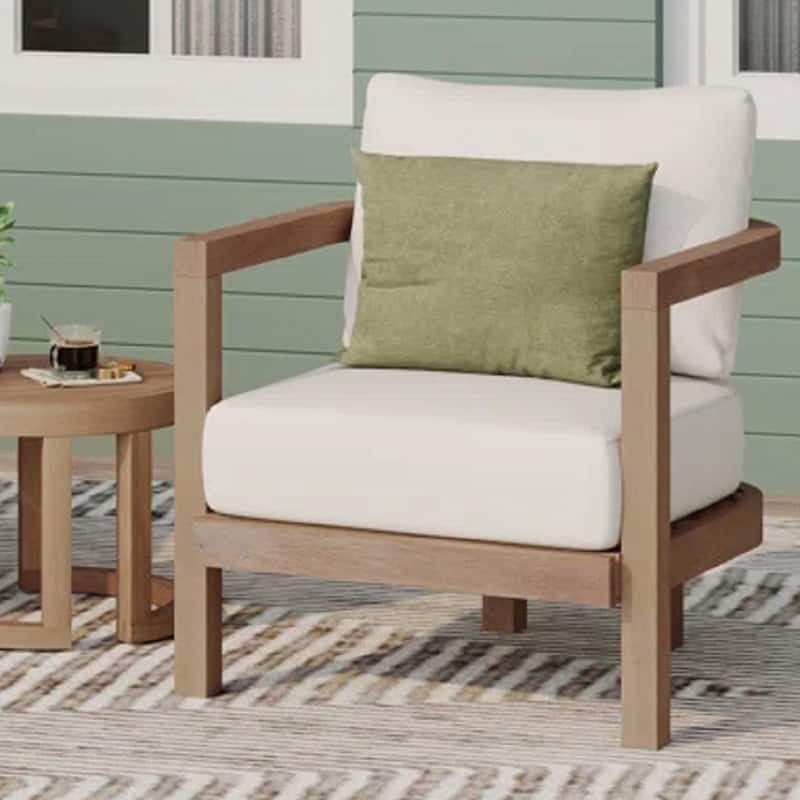 Roomfitters Outdoor Acacia Wood Patio Club Chair, Waterproof Cushions, Wash Finish with Beige Cushions